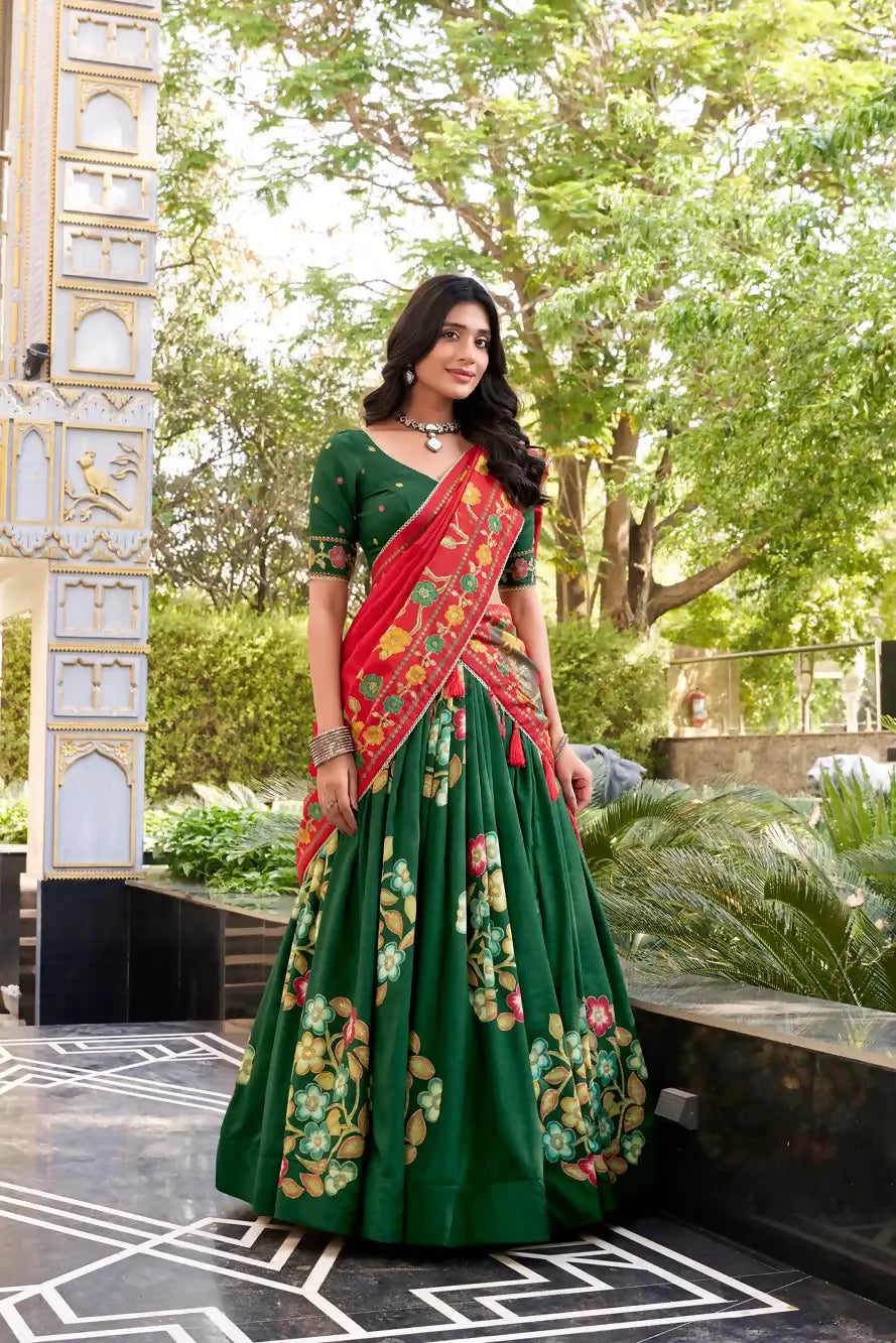 Looknbook Art Designer Tussar Silk Printed Chaniya Choli with Foil Detailing and Lace Finish-Green