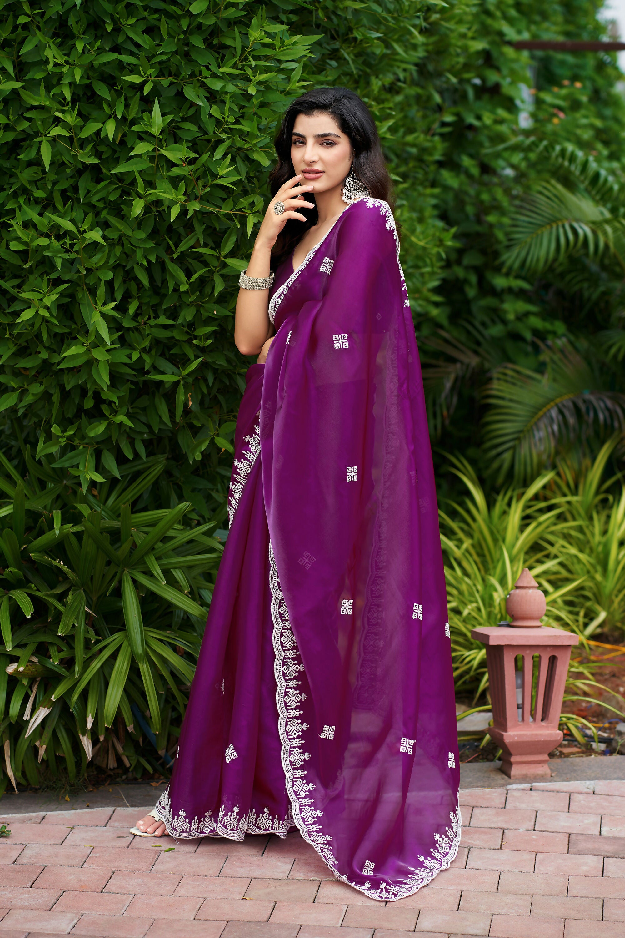 Vastranavya Purple Embroidery Work Shimmer Chiffon Saree with Unstitched Blouse
