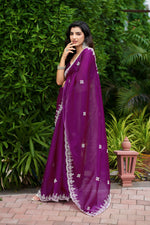 Thumbnail for Vastranavya Purple Embroidery Work Shimmer Chiffon Saree with Unstitched Blouse