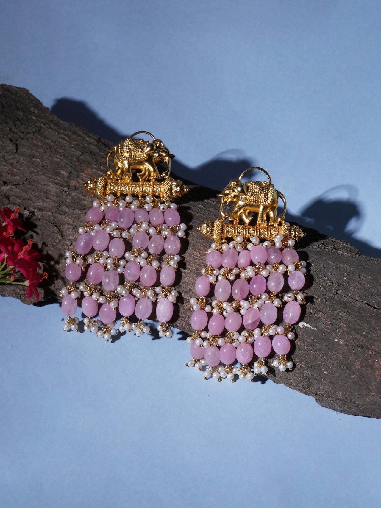 Long Layered Earrings with Elephant Motifs (Pink) - Ruby Raang - Distacart