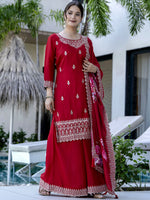 Thumbnail for The52 Red Women's Gorgeous Embroidered Vichitra Silk Fabric Straight Kurta, Sharara and Dupatta Set - Distacart