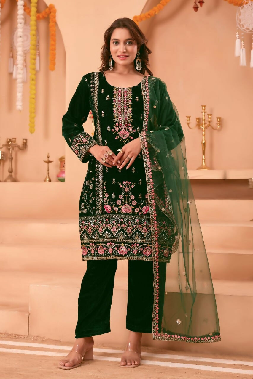 Teeya Creation Green Color Velvet Embroidery Work Wedding Wear Salwar Suit