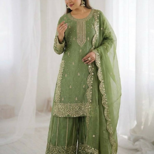Teeya Creation Parrot Green Color Fendy Silk Embroidery Work Wedding Wear Salwar Suit - Distacart