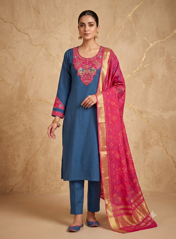 Teeya Creation Women Teal Blue Embroidered Straight Kurta With Magenta Dupatta And Pant Set - Dista