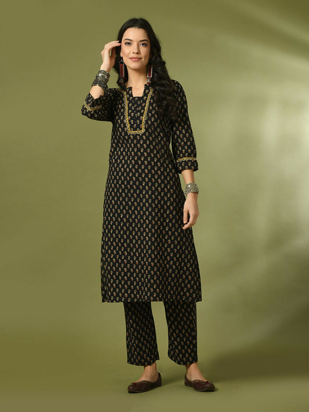 Myshka Women's Black Printed Cotton Straight Party Kurta Set - Distacart