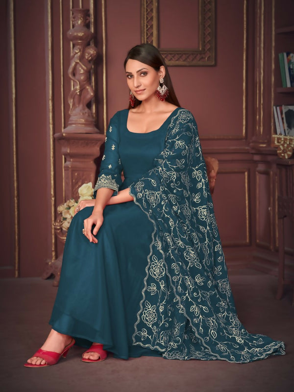 Jyoti Fashion Women's Rama Georgette Embroidered Anarkali Kurta Pant Set With Dupatta - Distacart