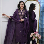 Thumbnail for The52 Women's Beautiful Rayon Slub Fabric Embroidery Work Straight Kurta Pant and Dupatta Set - Distacart
