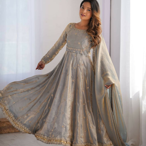 The52 Women's Beautiful Fandy Silk Fabric Embroidery Work Flared Anarkali Pant and Dupatta Set - Distacart