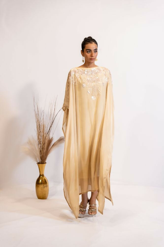 Timaraa Champagne Glow Hand-Embellished Georgette Kaftan Dress - Dista