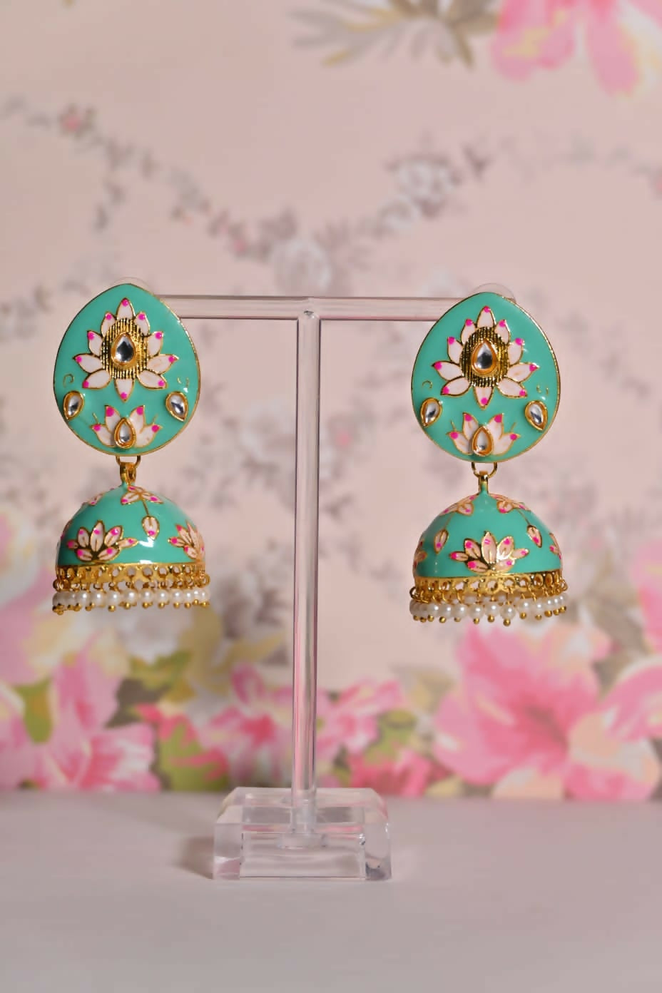 Sea Green Ethnic Enamel Meenakari Jhumki Earrings By House of Ree - Distacart