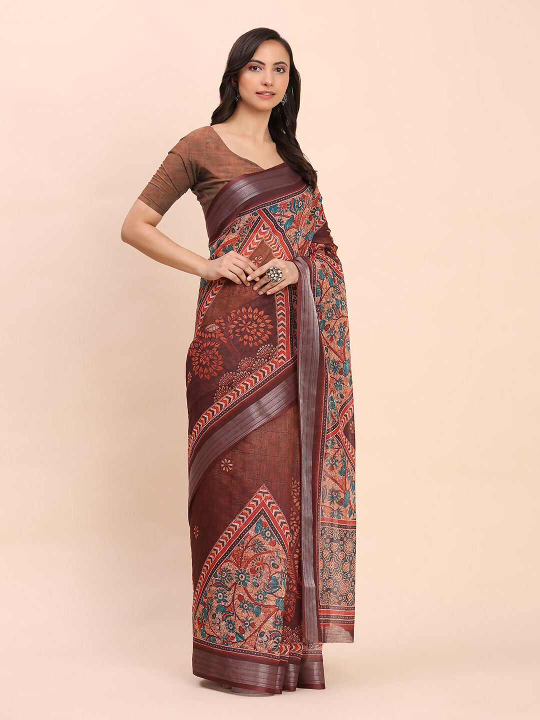Shree Shyam Fashion Linen Cotton Brown Saree - Distacart