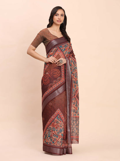 Shree Shyam Fashion Linen Cotton Brown Saree - Distacart