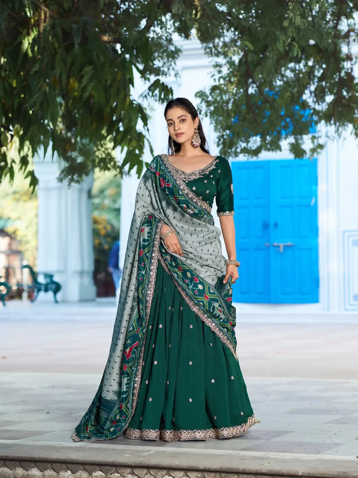 Looknbook Art Vichitra Silk Thread Work Lehenga with Scalloped Border Dupatta-Green