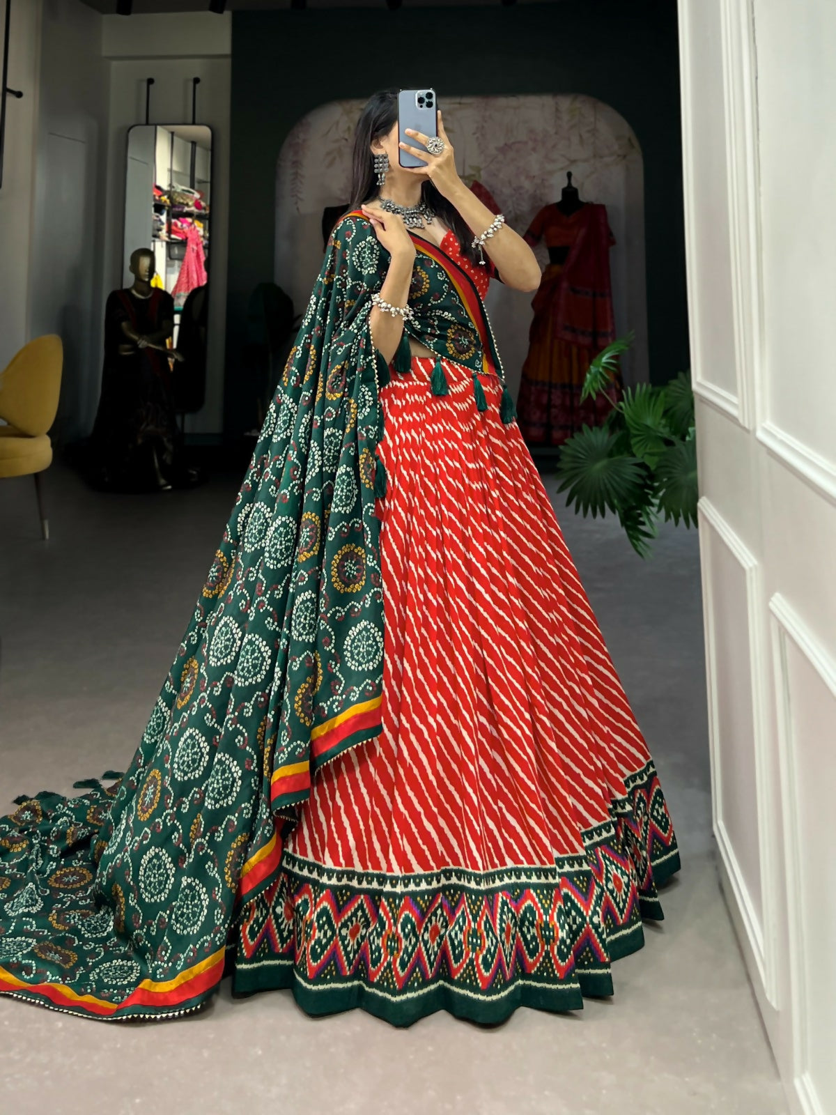 Vastranavya Cultural Leheriya With Patola Print Border Tussar Silk Lehenga Choli - Red - Distacart