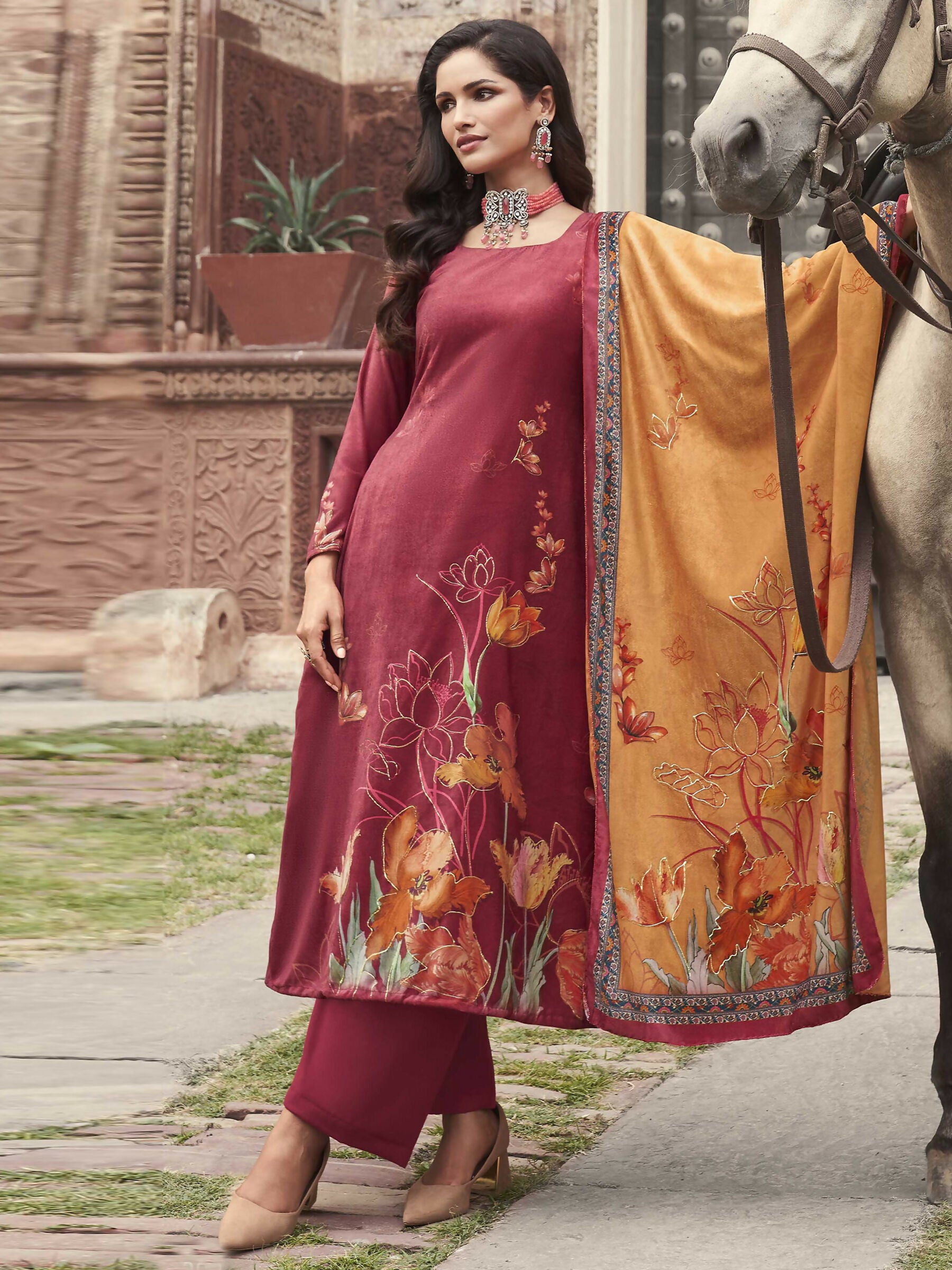 Jyoti Fashion Women's Red Velvet Floral Digital Printed Kurta with Trouser & Dupatta - Distacart