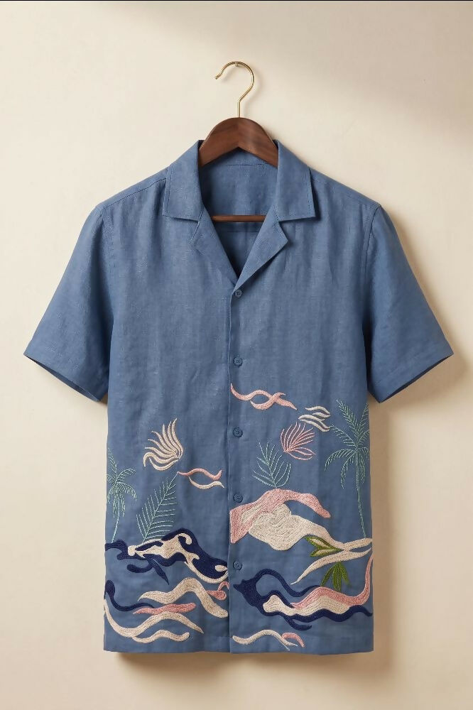 Mirage — Deep Blue Embroidered Linen Shirt by Hilo Design - Dista
