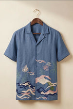 Thumbnail for Mirage — Deep Blue Embroidered Linen Shirt by Hilo Design - Dista