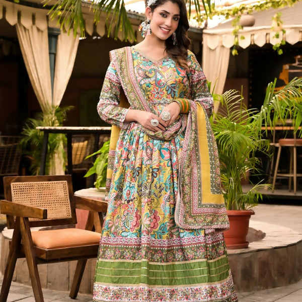 Wedding Designer Multi Soft Dola Silk Anarkali suit with Dupatta - Sanj - Distacart