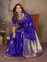 Thumbnail for Joban Fashion Indigo Blue Floral & Botanical Motifs Satin Silk Banarasi Silk Saree - Distacart
