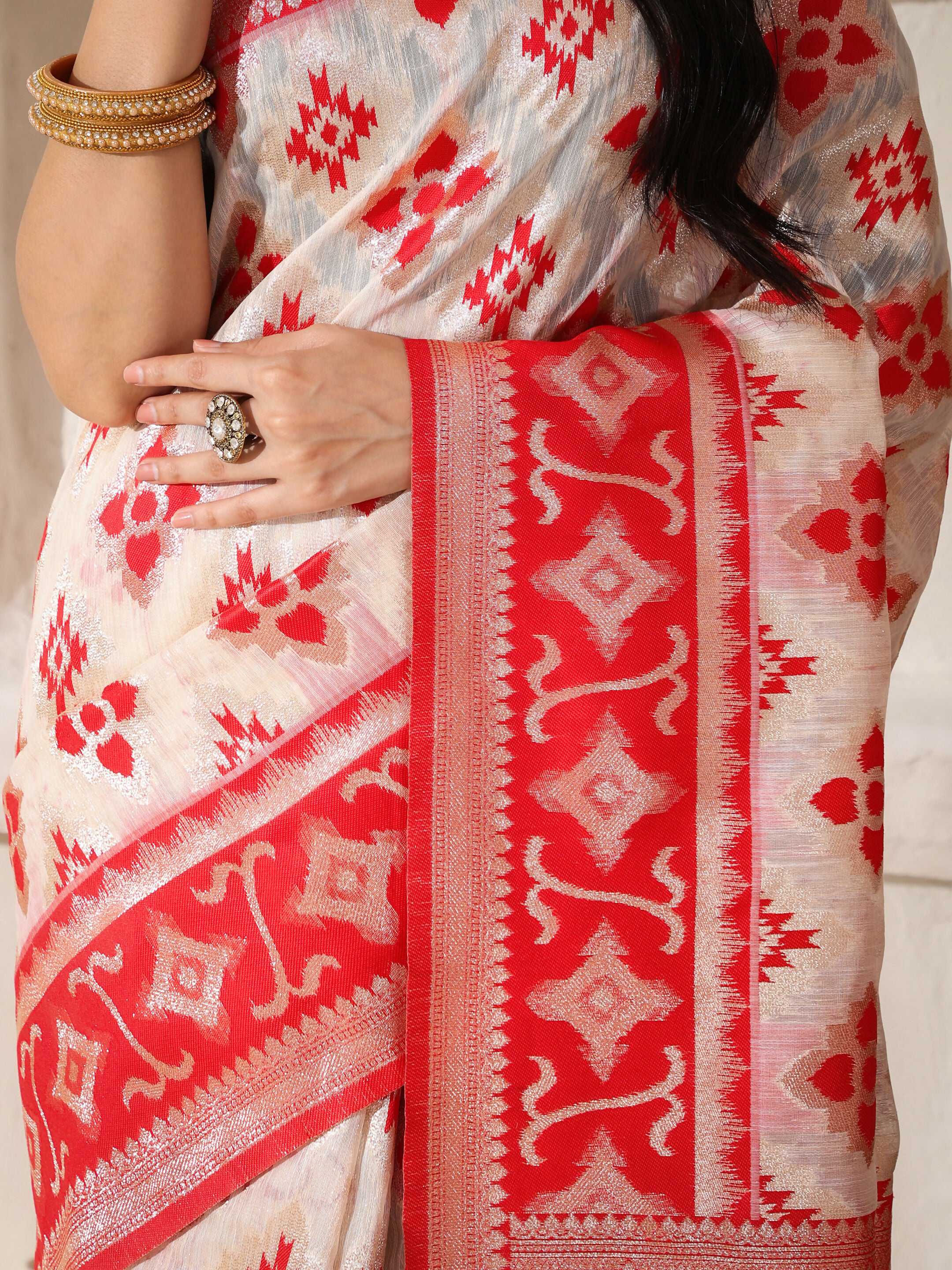 Astita Linen Cotton Red & White Saree
