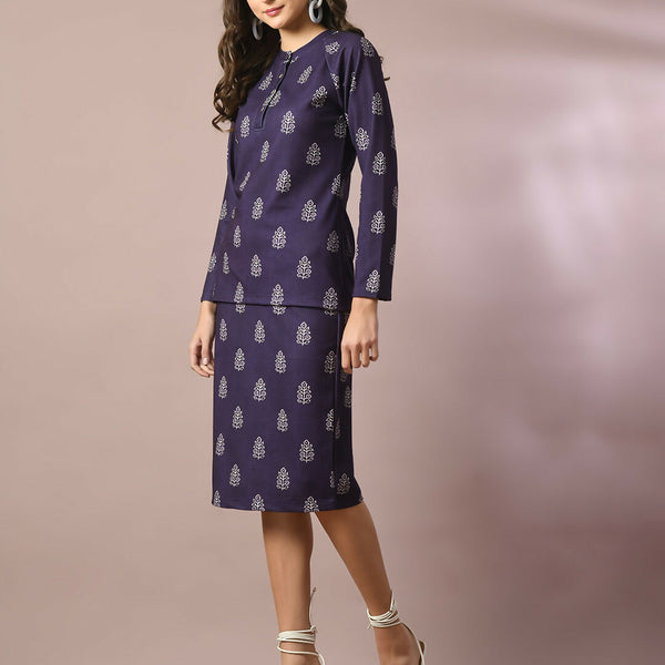 Myshka Women's Navy Blue Printed Round Neck Party Top With Skirt Co-ord set - Distacart