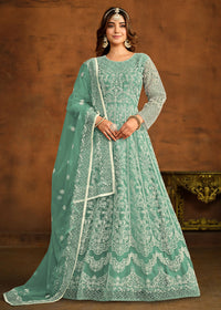 Thumbnail for Green All Over Embroidered Net Wedding Anarkali Suit - Emponline - Distacart