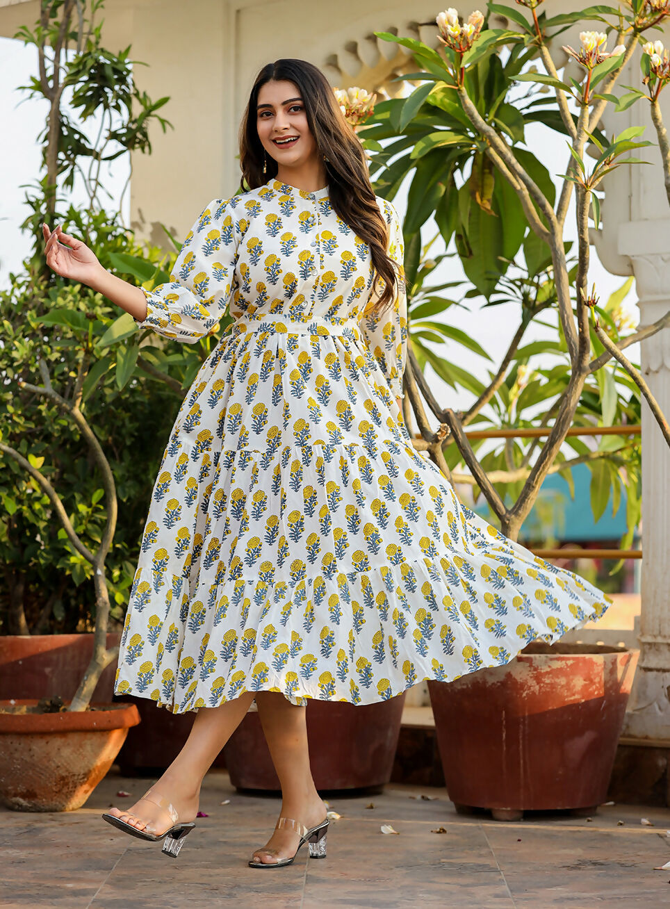 Kaajh Women's White-Yellow Ethnic Floral Hand Block Print Cotton Dress - Distacart