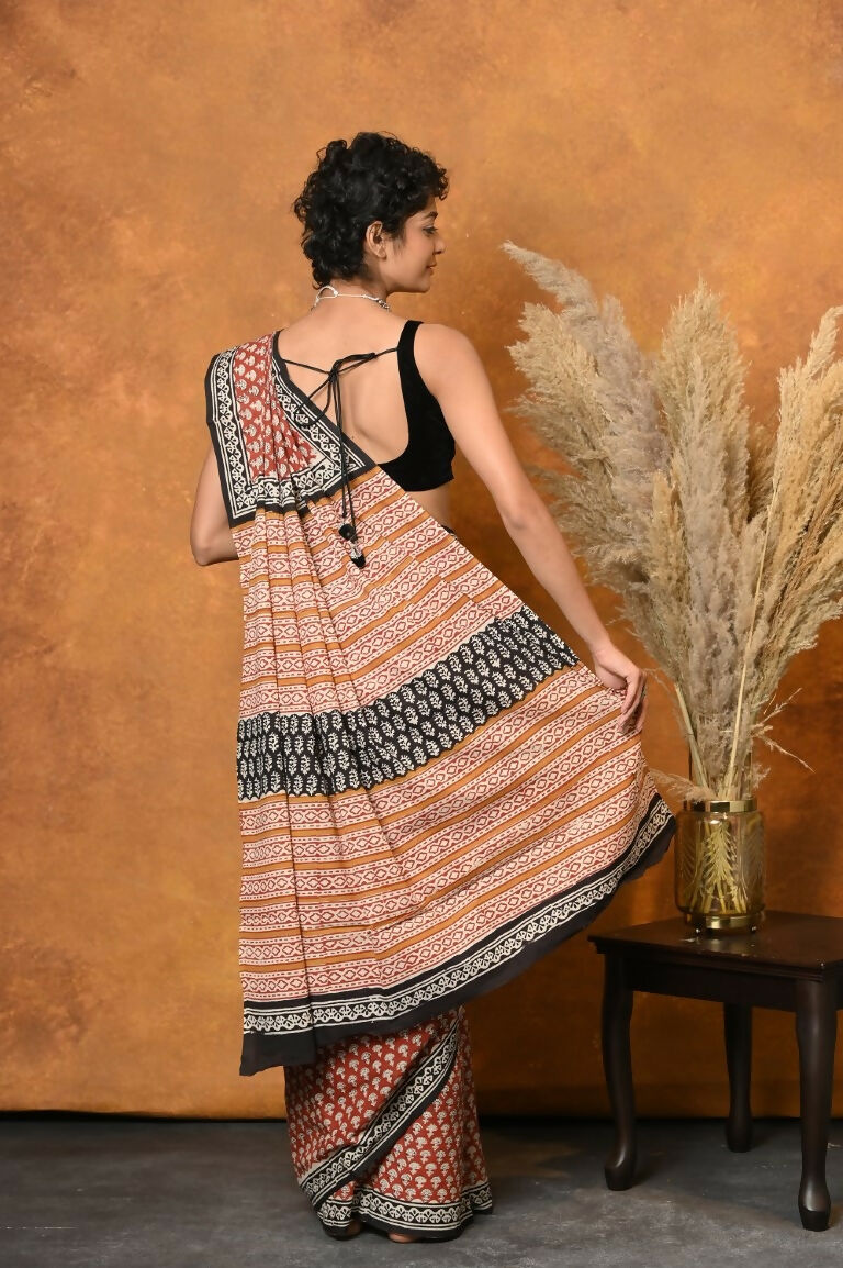 Very Much Indian Handblock Printed Cotton Saree With Natural Dyes - Orange - Distacart