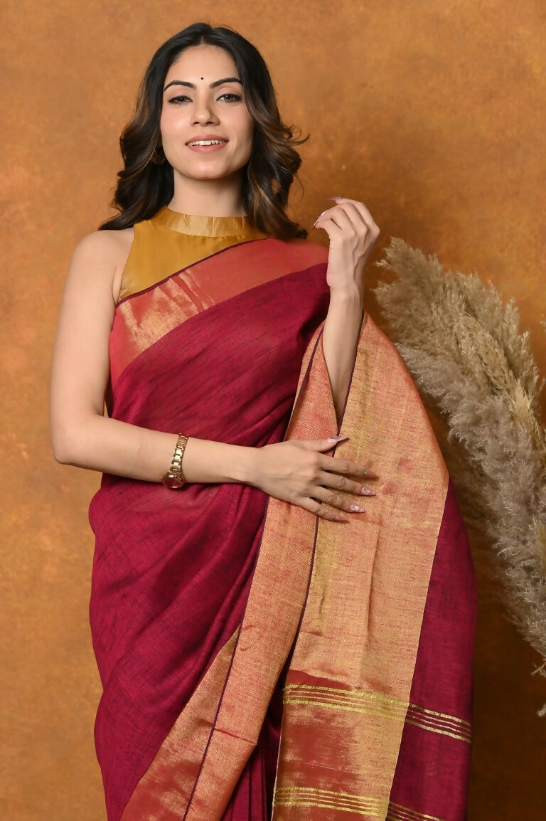 Very Much Indian Handloom Pure Cotton Linen Saree With Golden Border - Maroon - Distacart