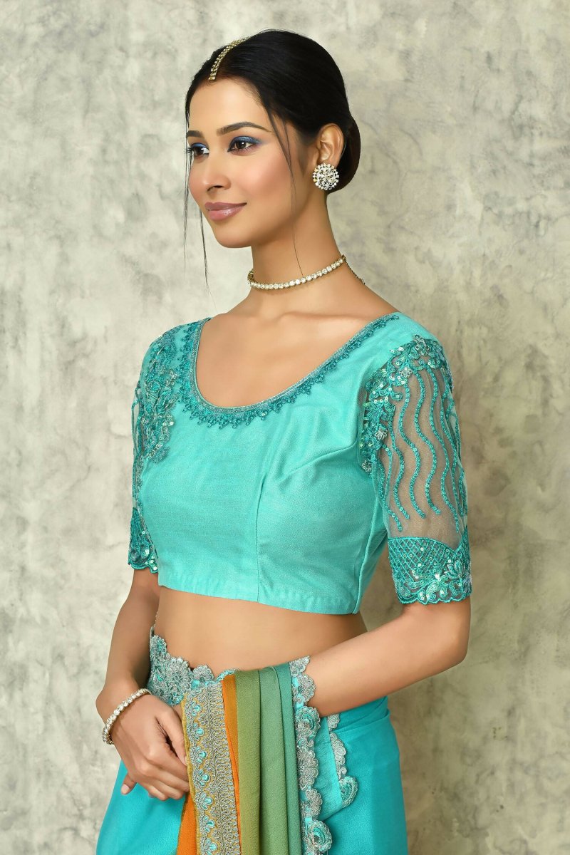 Aqua Blue Silk Plain Saree with Blouse Piece - Purvi - Distacart