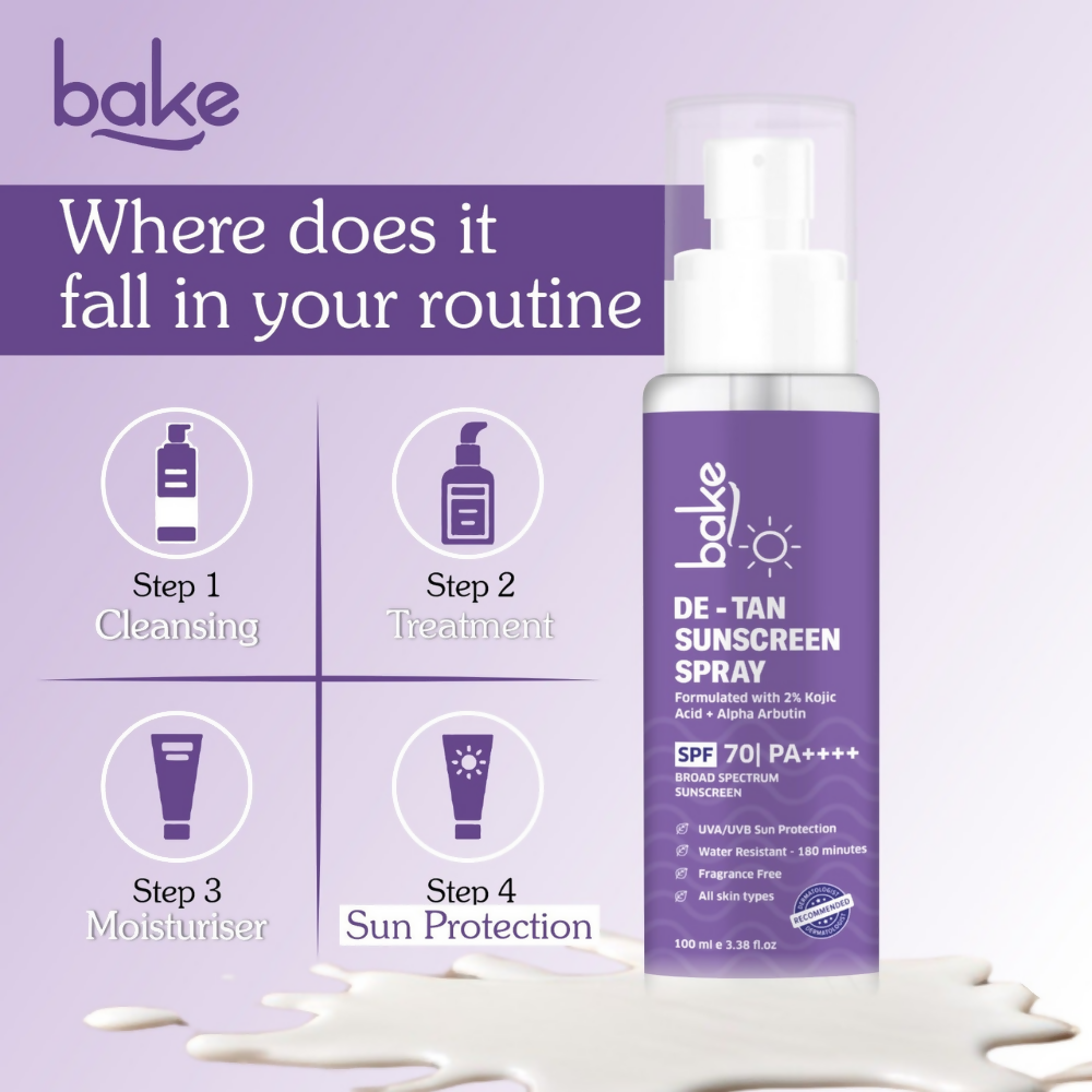 Bake De-tan Waterproof Sunscreen Spray SPF 70 PA+++ with 2% Kojic Acid - Distacart