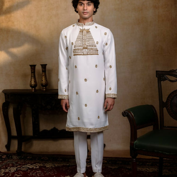 Falling Raw Silk White Devalaya Kurta By Hilo Design