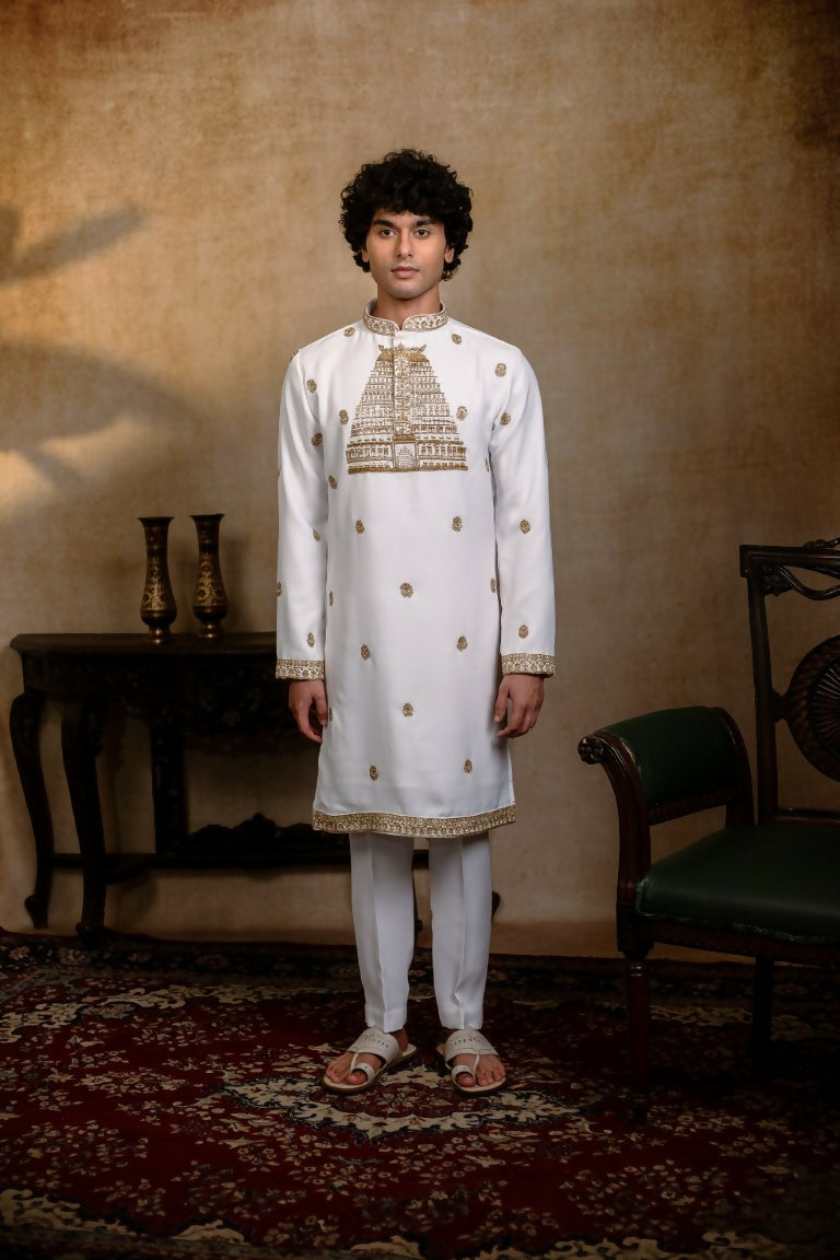 Falling Raw Silk White Devalaya Kurta By Hilo Design - Distacart
