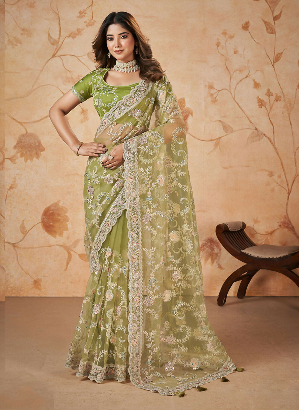 Green Net Sequence & Cord Embroidered Saree - Mohmanthan Dakshika - Distacart