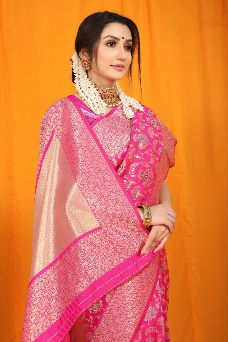 Jyoti Fashion Women's Rani Pink Kanjivaram Silk Zari Woven Saree with Blouse - Distacart