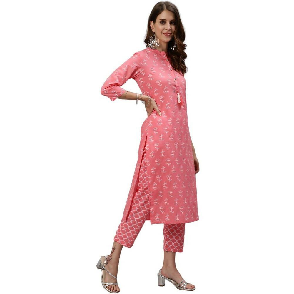 Anubhutee Women's Cotton Regular Floral Printed Pink Kurta Set - Distacart