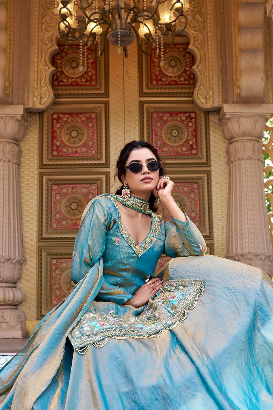 Teeya Creation Womens New Stylish Moti Beads With Cording Sequence Thread Embroidery Work Aqua-Blue Kurta Set - Dista