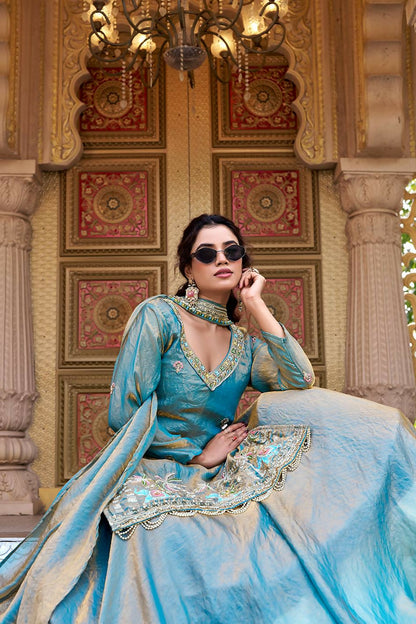Teeya Creation Womens New Stylish Moti Beads With Cording Sequence Thread Embroidery Work Aqua-Blue Kurta Set - Dista