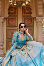 Thumbnail for Teeya Creation Womens New Stylish Moti Beads With Cording Sequence Thread Embroidery Work Aqua-Blue Kurta Set - Dista
