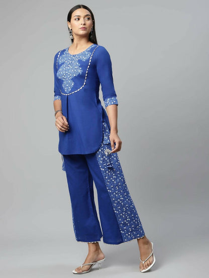 Ahalyaa Womens Royal Blue Pure Cotton Printed Tunic Palazzo Set - Distacart
