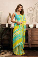Thumbnail for Joban Fashion Yellow Striped (Leheriya) Linen Ready To Wear Saree With Unstitched Blouse - Distacart