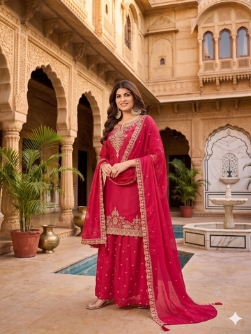 Teeya Creation Womens New Stylish Silk Embroidered Red Sharara Suit With Golden Zari Work And Lace Border Dupatta - Dista