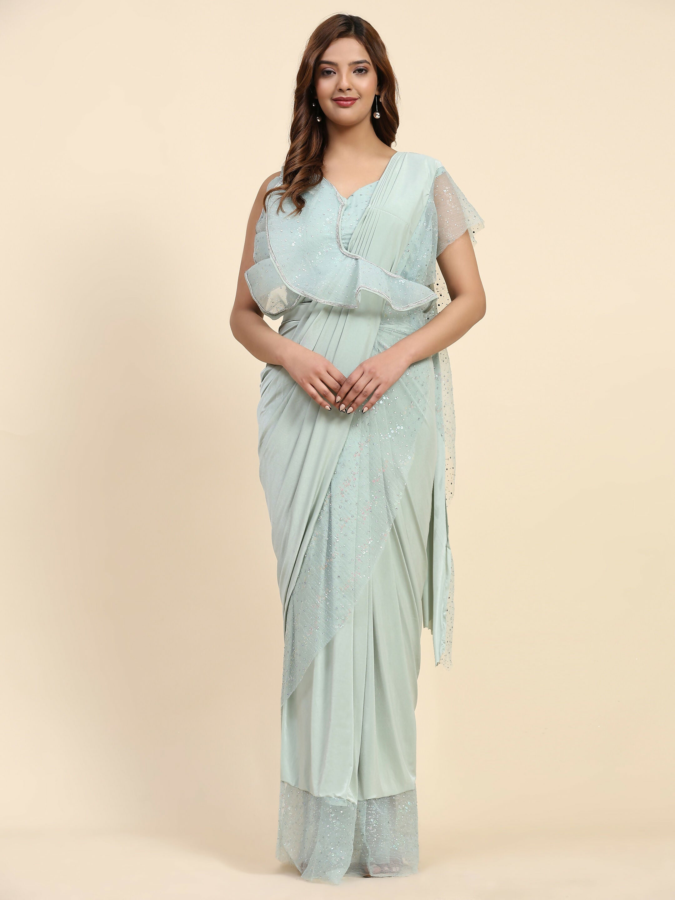 Light Blue Lycra Solid Ready to Wear Saree with stitched Blouse - Nita - Distacart