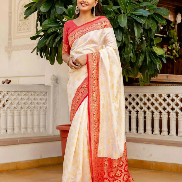 Joban Fashion Off White Silk Woven Banarasi Saree