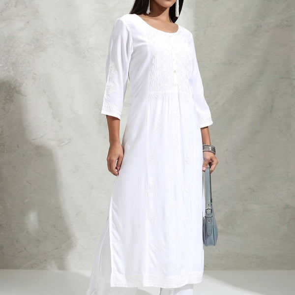 Vishudh White Floral Embroidered Thread Work Straight Kurta With Palazzos - Distacart
