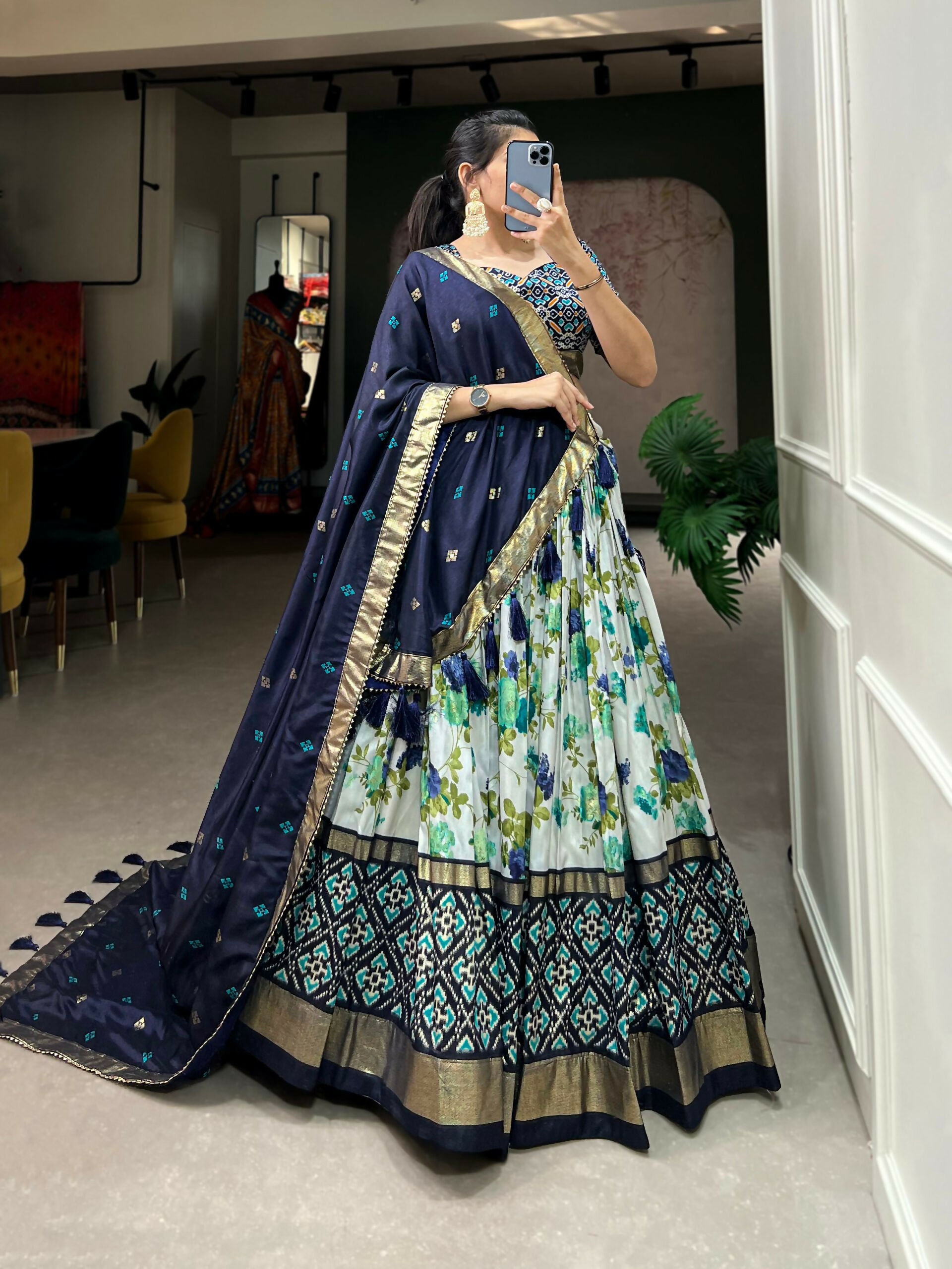 Vastranavya Exquisite Tussar Silk Lehenga Set With Perfect Floral And Patola Print Design Lehenga Choli - Navy Blue - Distacart
