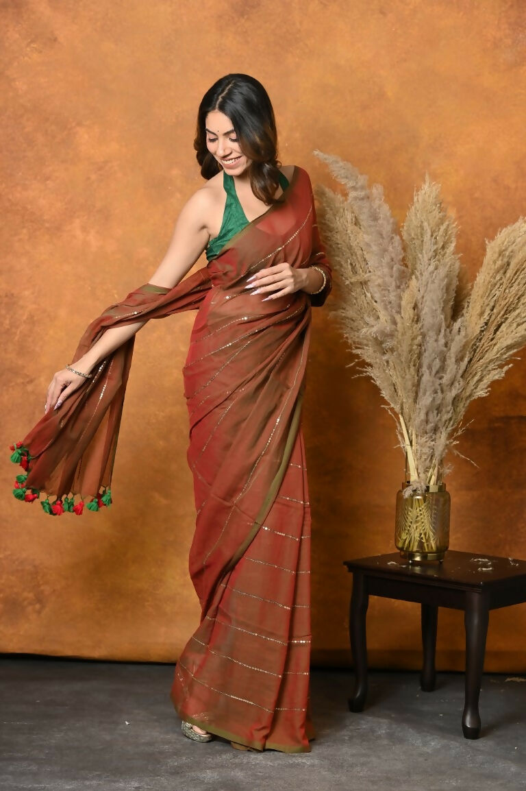 Very Much Indian Designer Mul Cotton Handloom Saree with Sequins - Dual Tone Red Green - Distacart