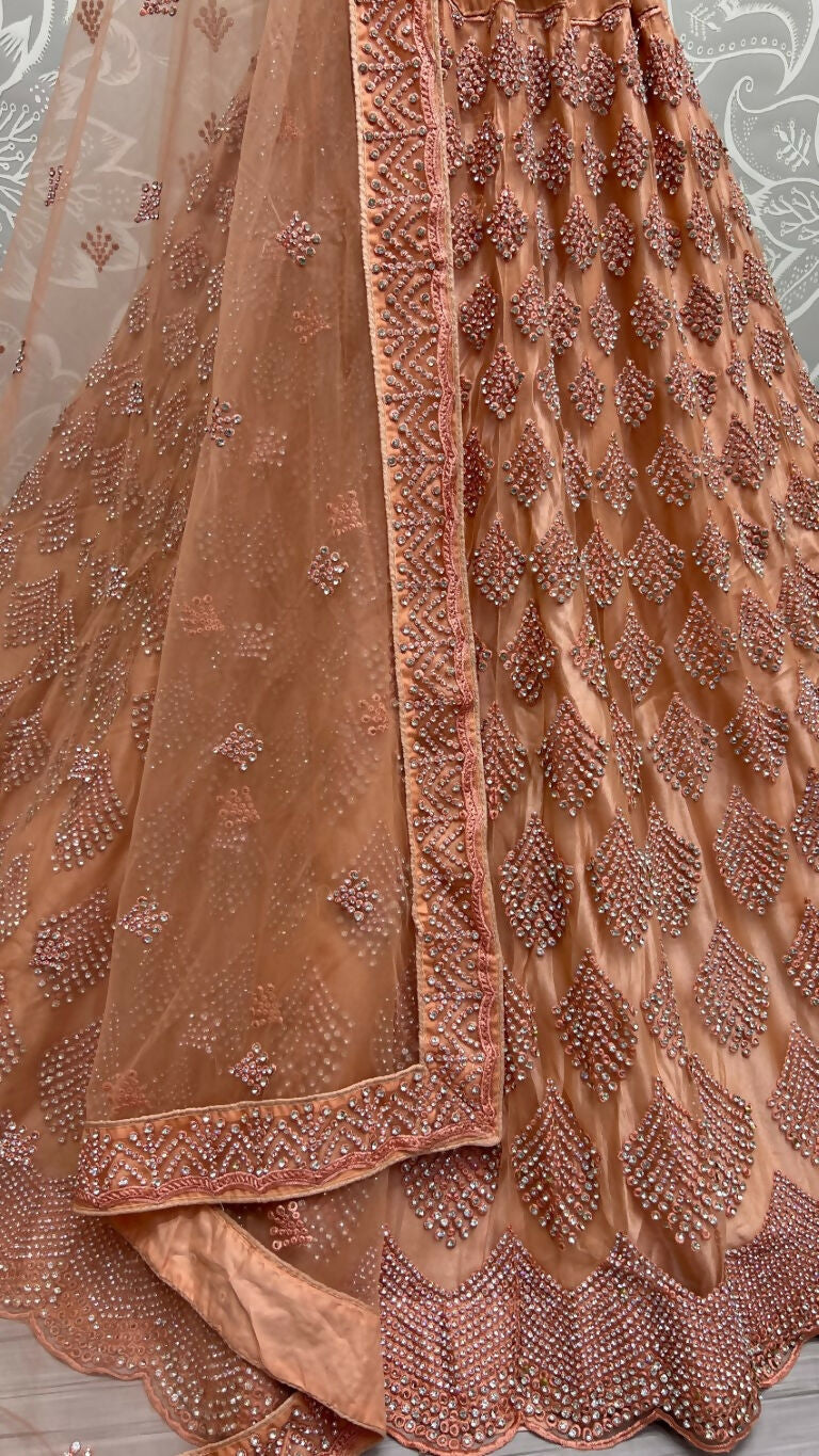 Jyoti Fashion Women's Peach Bridal Net Fancy Dori & Multi Thread Embroidered with Zircon Diamond Work Wedding Lehenga Choli - Distacart