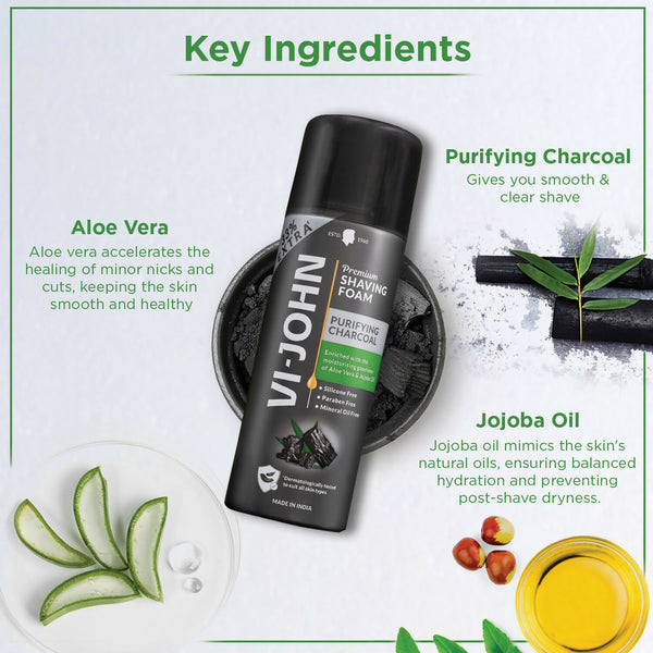 VI-JOHN Dermatologically Tested Premium Purifying Charcoal Shaving Foam Enriched with Aloevera & Jojoba Oil Free From Silicone, Paraben & Mineral Oil