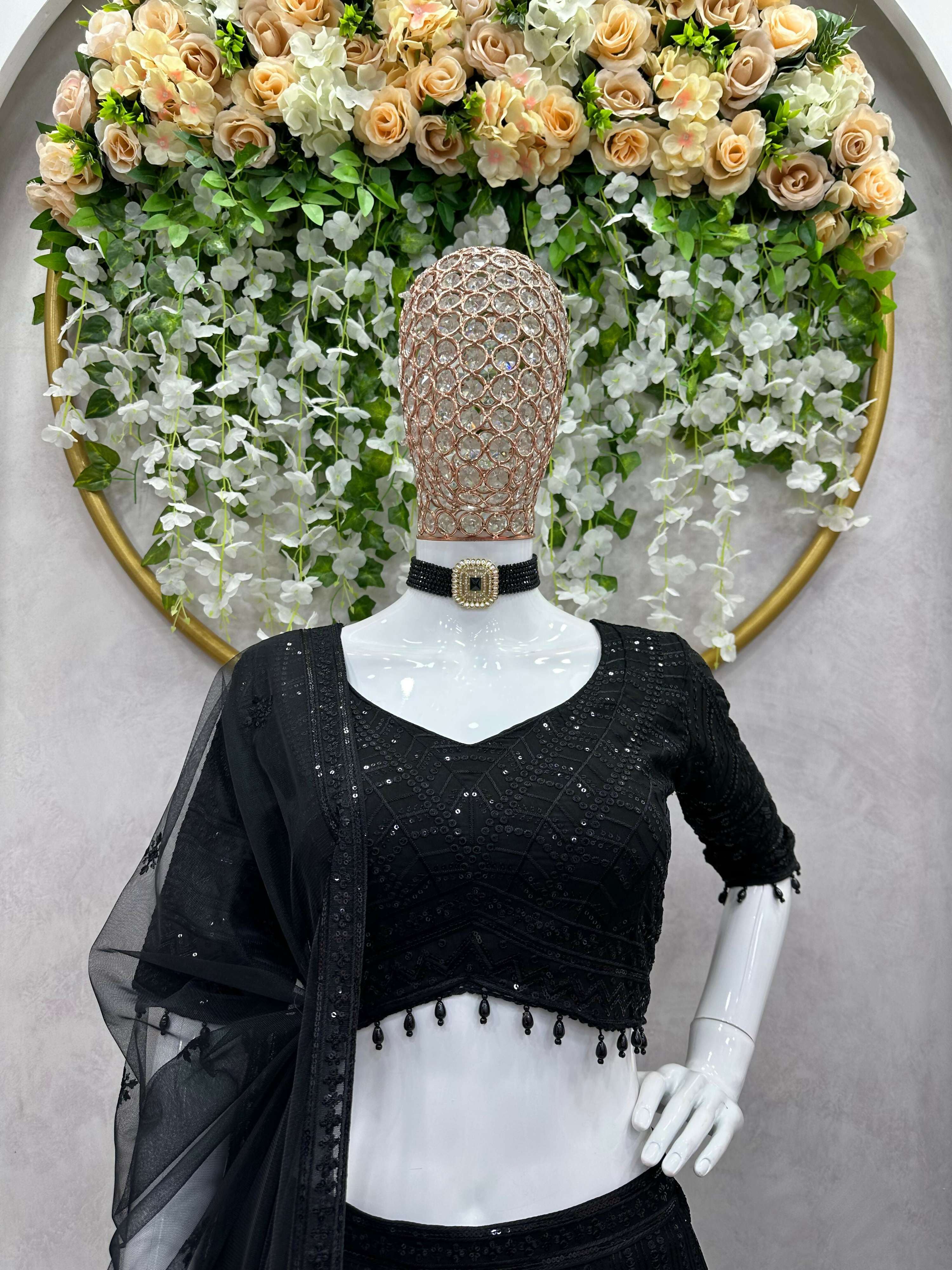 Preksha Creation Black Foux Gorgette With Thread With Sequnce Women Lehanga Choli - Distacart